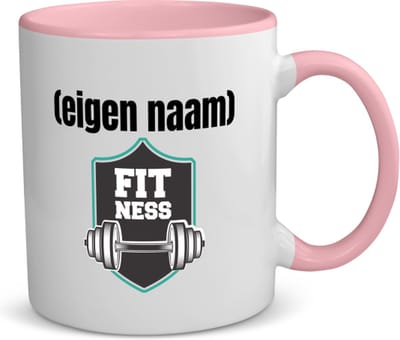 Akyol - fitness logo dumbbells met eigen naam koffiemok - theemok - roze - Fitness - atleten/sport liefhebbers - sport - fitness - dumbbells - verjaardag - cadeau - kado - 350 ML inhoud