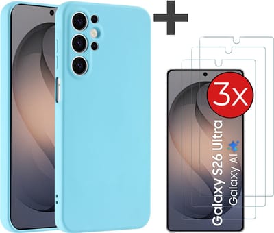 Hoesje geschikt voor Samsung Galaxy S26 Ultra hoesje zacht siliconen met 3 Stuks gehard glas Screenprotectors - Arara backcover - Blauw