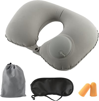 Reis Kussen voor Nek met Oogmasker en Oordopjes, Opblaasbaar en Compact voor Auto, Vliegtuig en Kantoor (Grijs)