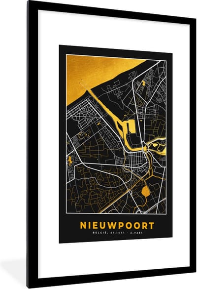 Fotolijst incl. Poster - Kaart - Stadskaart - Plattegrond - Nieuwpoort - Goud - 60x90 cm - Posterlijst