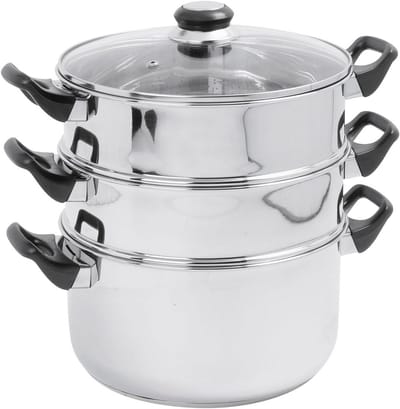 Stoompan - Stoommandje - Stoofpan met Deksel - 3 Laags - Zilver met Zwart - Gezond
