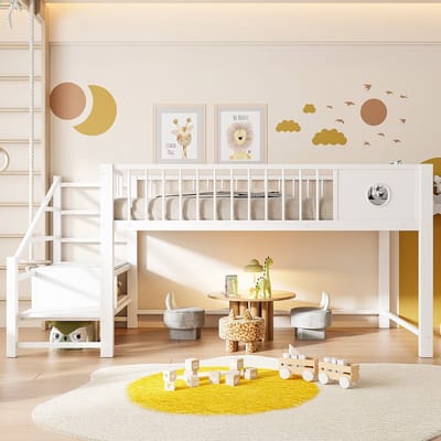 VVBV Laag Hoogslaper 90x200 cm met Opbergtrap, Voor Kinderen/Tieners - Opbergruimte - Metaal Wit