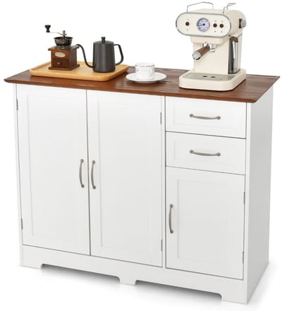 Keukeneiland - Verplaatsbaar - Keukenkast - Dressoir - Organizer - Kasten - Houten Werkblad - 2 Deuren - Wit, Bruin