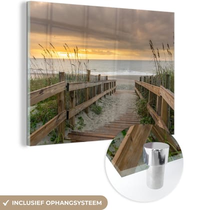MuchoWow® Glasschilderij 160x120 cm - Schilderij acrylglas - Strand - Zee - Duin - Pad - Foto op glas - Muurdecoratie woonkamer - Wanddecoratie slaapkamer - Schilderijen