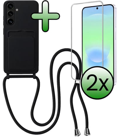 Hoes Geschikt voor Samsung A37 Hoesje Met Koord Met 2x Screenprotector - Telefoonhoesje Geschikt voor Samsung Galaxy A37 Backcover Met Afneembaar Koord - Zwart