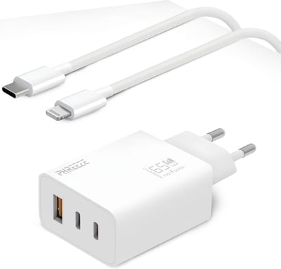 Usb adapter 65w 3 poorten + Usb C naar Lightning kabel - Oplader geschikt voor Apple iPhone / iPad / AirPods - usb C oplaadstekker - Lightning kabel naar usb C