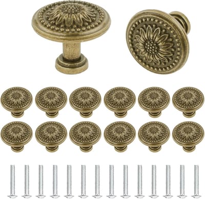 Antieke Bronzen Kastknoppen - 14 Stuks Vintage Handgrepen voor Lades en Meubels met Bloemenpatroon en Retro Ontwerp voor Dressoirs en Kasten