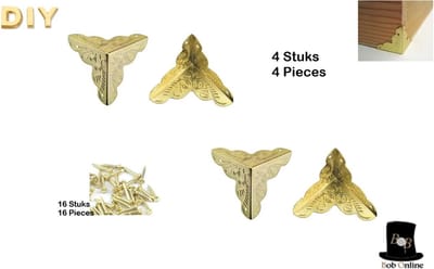 Bob Online ™ - 4 Stuks – Goud Kleurig – Meubel Hoekbeschermers + 16 Spijkers – Kisthoek Messing Antiek – Kisthoek Beschermers – Kisthoeken – Meubelbeslag – 4 Pcs – Yellow Gold – Furniture Corner Protectors – Decoratieve Hoeken