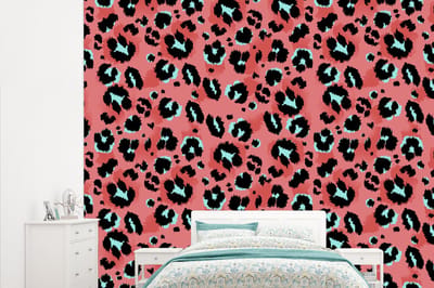 Behang - Fotobehang Panterprint - Roze - Blauw - Patroon - Breedte 315 cm x hoogte 260 cm
