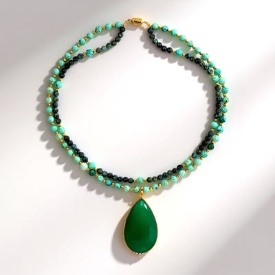 Cavill - Zilveren Halsketting met Groene Onyx Peervormige Cabochon 70ct - Verguld 925 Sterling - Turkoois & Kyaniet - Verstelbaar & Luxe Sieraad