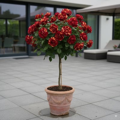 Rozenstruik op stam - Rozenboom - Decoratie tuin - Tweekleurige bloemen - 120 cm hoog - Rood en geel
