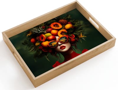 Dienblad hout 40x30 cm - Schootdienblad - Vrouw - Vruchten - Papaja - Ananas - Borrelplank rechthoek - Plateau dienbladen