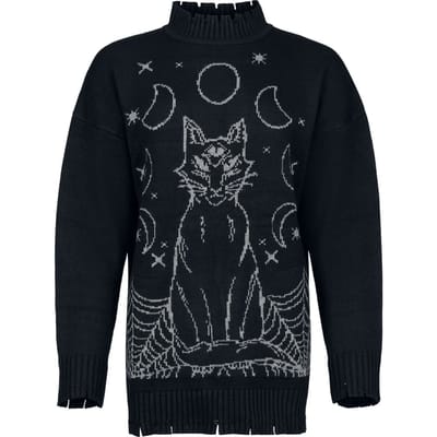 Jawbreaker - Gothic Gebreide trui - Mystic Cat Oversized Jumper - M tot XL - voor Vrouwen - zwart-grijs