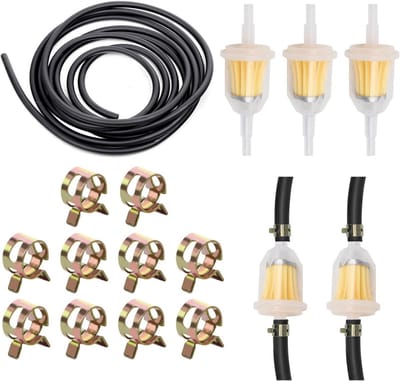 Brandstofslangset, benzineslang, 5 mm benzineslang, brandstofleiding 2 m, met 3 brandstoffilters + 10 klemklemmen, voor tractor kleine motoren, motorfiets, auto, grasmaaier
