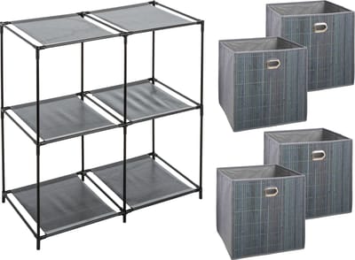 5Five Kastmandjes/opberg manden - grijs - 4x stuks van 29L - Metalen rekje is 67 x 68 cm