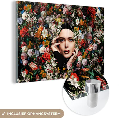 MuchoWow® Glasschilderij 60x40 cm - Schilderij acrylglas - Bloem - Vrouwen - Portret - Botanisch - Foto op glas - Schilderijen