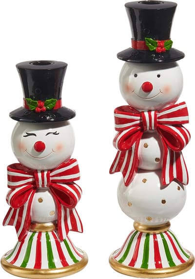 Viv! Christmas Kerst Tafeldecoratie - Kandelaar Sneeuwpop - set van 2 - rood zwart wit - 33 en 25 cm