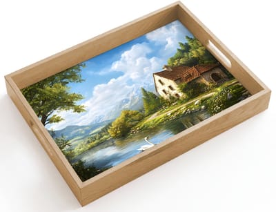 Dienblad hout 40x30 cm - Schootdienblad - Zwaan - Bomen - Rust - Borrelplank rechthoek - Plateau dienbladen