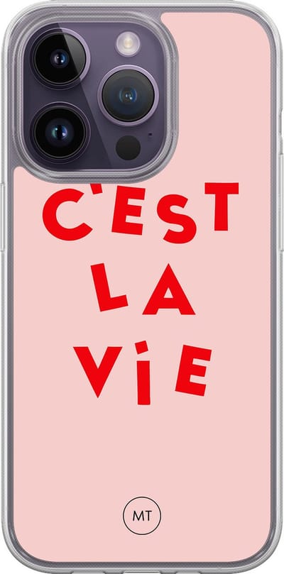 Hybride hoesje geschikt voor iPhone 14 Pro - C'est la vie - Extra bescherming - Luxe beschermhoes - TPU case - Transparant, Roze - Mooie Telefoonhoesjes