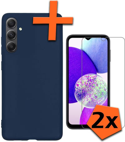 Hoes - Met 2x Screenprotector - Geschikt voor Samsung Galaxy A14 - Sterk & Shockproof - Back Cover - Siliconen Case - Telefoon Hoes - Donkerblauw