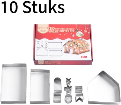 10-delig - 3D Koekjesstempels set - Kerst peperkoek huisje vormpjes - Koekjes snijders - DIY bakbenodigdheden - Roestvrij staal - RVS kleur