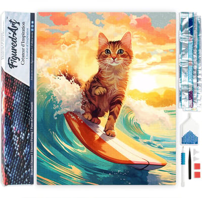 Figured'Art Diamond Painting set Volwassenen 40x50 cm Surfende kat - 5D DIY Art full drill vierkante diamant - Opgerold canvas