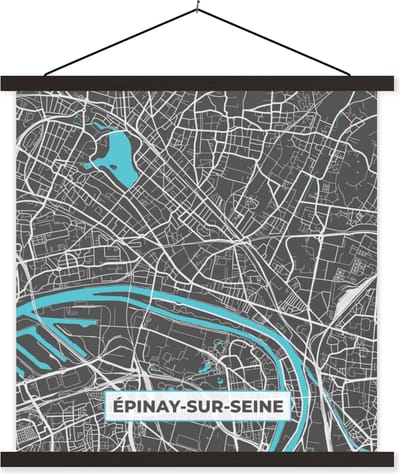 Posterhanger incl. Poster 60x60 cm - Schoolplaat - Frankrijk – Épinay-sur-Seine – Stadskaart – Plattegrond – Kaart - Textielposter - Zwarte latten - Stadskaart
