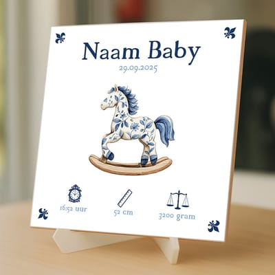 Gepersonaliseerde Baby Tegeltje – Met Naam, Geboortedatum, Gewicht, Lengte en Tijd – Blauwe Hobbelpaard