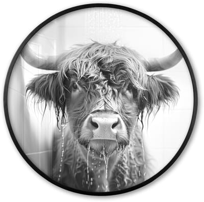 Poster in lijst Rond - Fotolijst 60x60 cm - Posters - Schotse Hooglander - Dier - Douche - Humor - Ronde posterlijst zwart - Decoratie - Wanddecoratie woonkamer - Muurdecoratie slaapkamer