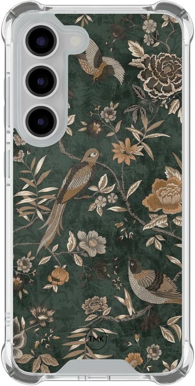 Shockproof hoesje geschikt voor Samsung Galaxy S23 - Khaki golden flowers - Schokbestendig - Verhoogde randen - TPU case - Extra Sterke Back Cover - Bloemen - Transparant, Groen