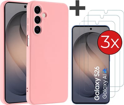 Hoesje geschikt voor Samsung Galaxy S26 hoesje zacht siliconen met 3 Stuks gehard glas Screenprotectors - Arara backcover - Licht Roze