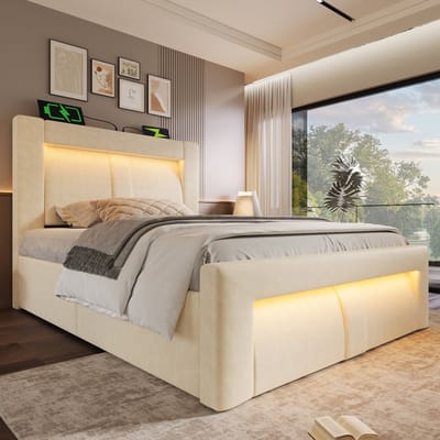 Wishdor Eenpersoonsbed 90x200 cm - Hydraulische opbergruimte - Led & USB-C laadpoorten - Fluweel - Beige - Creëer jouw persoonlijke spa aan huis