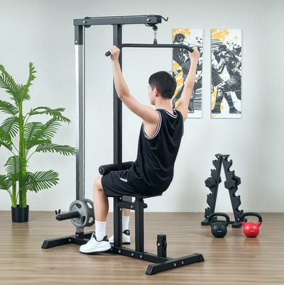 MEUNIQ Krachtstation multifunctionele fitnessstation met verstelbare zitting, kabelsysteem en stalen frame, geschikt voor halterschijven 2,5 en 5 cm, zwart 107x120x190 cm