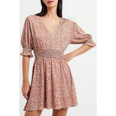 French Connection Meadow Cadie V-neck Smocked Dress Shifting Sand Maat: M | Mini Jurken Outlet | Dames | Beige