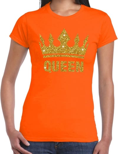 Oranje Koningsdag Queen t-shirt - met gouden glitter kroon - dames - Oranje kleding XS