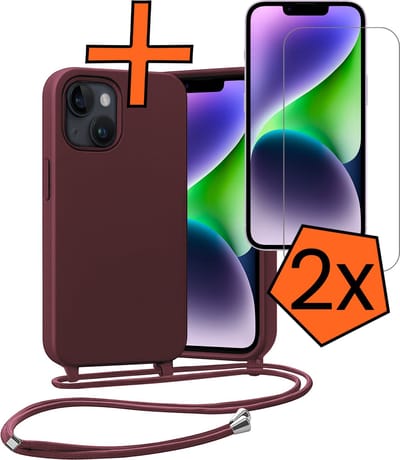 Hoesje Geschikt voor iPhone 13 Mini Hoes Met Telefoonketting Met 2x Screenprotector - Backcover Geschikt voor iPhone 13 Mini Case Met Koord - Aubergine