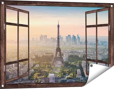 Gards Tuinposter Doorkijk Skyline van Parijs met de Eiffeltoren - 90x60 cm - Tuindoek - Tuindecoratie - Wanddecoratie buiten - Tuinschilderij