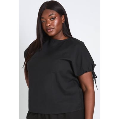 boohoo Dames Plus Linnen Top Met Manchet Strikdetail | Zwart | Maat: 44