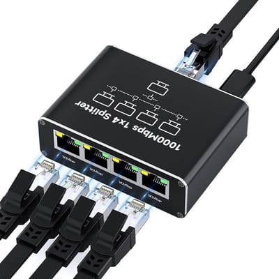 RJ45 Netwerk Splitter 1 naar 4 - ethernet - Gigabit 1000Mbps - Plug and Play - voor Router en Switch - zwart
