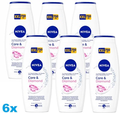 NIVEA Care & Diamond Douchegel – 6 x 750 ml – 2-in-1 Shower & Bath – Hydraterend & Verzorgend