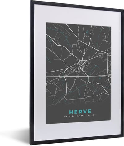 Fotolijst incl. Poster - Plattegrond – Herve – Blauw – Stadskaart - Kaart - België - 30x40 cm - Posterlijst