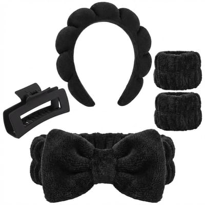 Zwarte haaraccessoires set 5 delig – dames – hoofdband met kussentjes – elastische haarband met strik – 2 pols scrunchies – haarclip – zachte stof – complete set