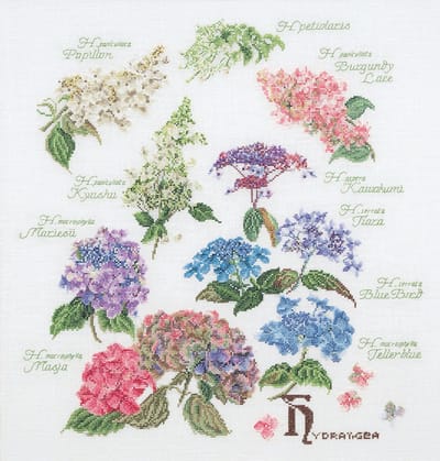 Thea Gouverneur - Borduurpakket met telpatroon - 3067 - Voorgesorteerde DMC Garens - Hortensia - Linnen - 44 cm x 46 cm - DIY Kit