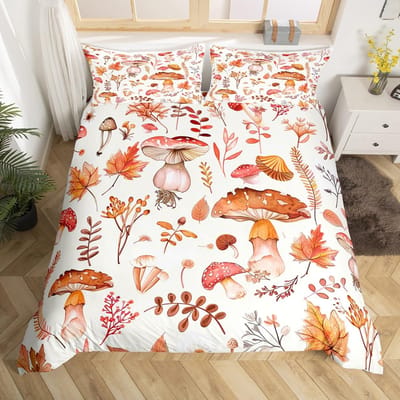 Schattige Paddestoel Beddengoedset King Queen Size Botanische Dekbedovertrek Wilde Paddestoelen Dekbedovertrek Kleurrijke Planten Bladeren Dekbedovertrek 140x200cm 3pcs