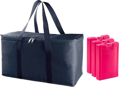 Grote isolatie koeltas blauw 39 x 22 x 19 cm met 3x stuks roze koelelementen van 1000 gram