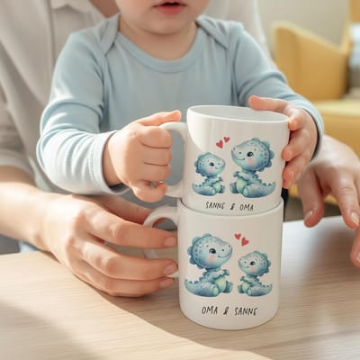 Creasowl® Ouder & Kind Mokken Set - Blauwe Dino Mok met Naam - 330ml & 175ml - Perfect Cadeau voor Mama, Papa, Oma