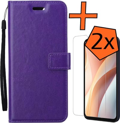 Hoes - Met 2x Screenprotector - Geschikt voor Samsung Galaxy A15 - Luxe Pasjeshouder - Bookcase Portemonee - Flip Case - Kunstleer Book Case - Flipcase Hoes - Book Cover - Walletcase - PortemonneeHoes - Paars