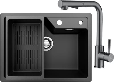 Sofetiy Max Granieten Spoelbakken (65*45cm) Zwart - Spoelbak Keuken Met Keukenkraan Met Uittrekbare Uitloop - Wasbak Keuken Met Waterafvoersysteem en Wasbak Vergiet