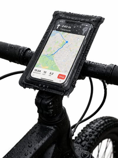 Hikemeister® Telefoonhouder Fiets Waterdicht – Smartphone Houder Stuur – 360° Draaibaar – Touchscreen – Incl. Stuurbevestiging – Voor Fiets, Fatbike, Scooter & Motor – Zwart