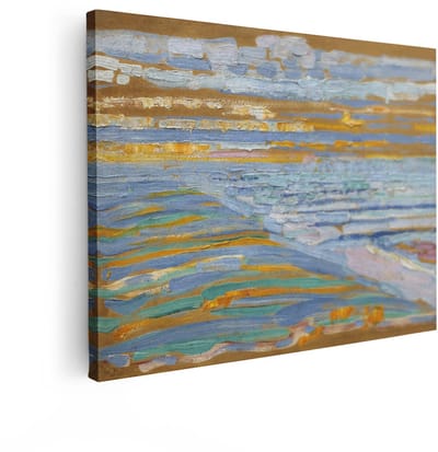 Artaza Canvas Schilderij Zeegezicht Mondriaan - 120x90 cm - Wanddecoratie Abstract - Muurdecoratie Landschap - Decoratie Zee - Blauw Goud